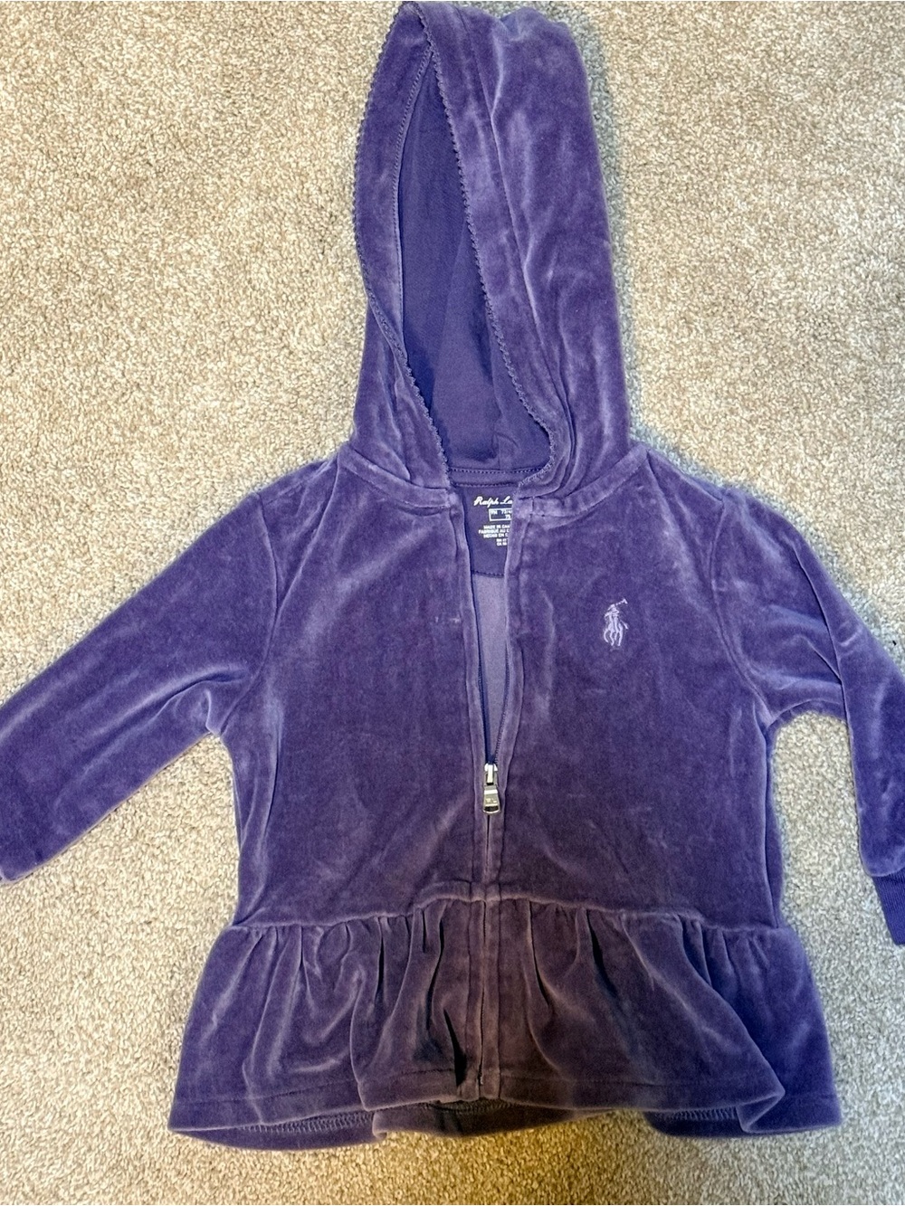 Ralph Lauren Baby Girls 9M Purple Velour Peplum Zip Hoodie Pony Logo